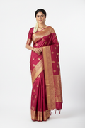 Woman wearing a vibrant Kanjivaram silk saree in deep magenta with gold zari border