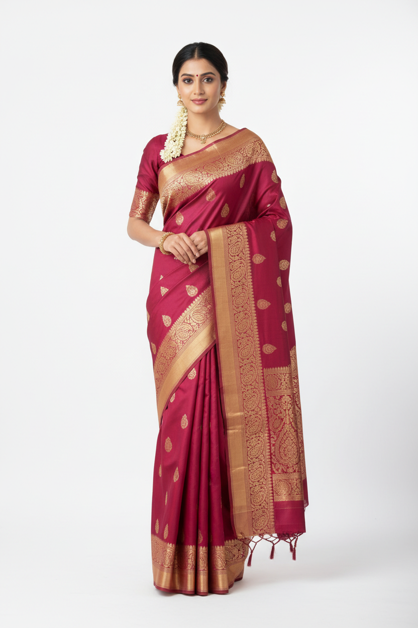Woman wearing a vibrant Kanjivaram silk saree in deep magenta with gold zari border